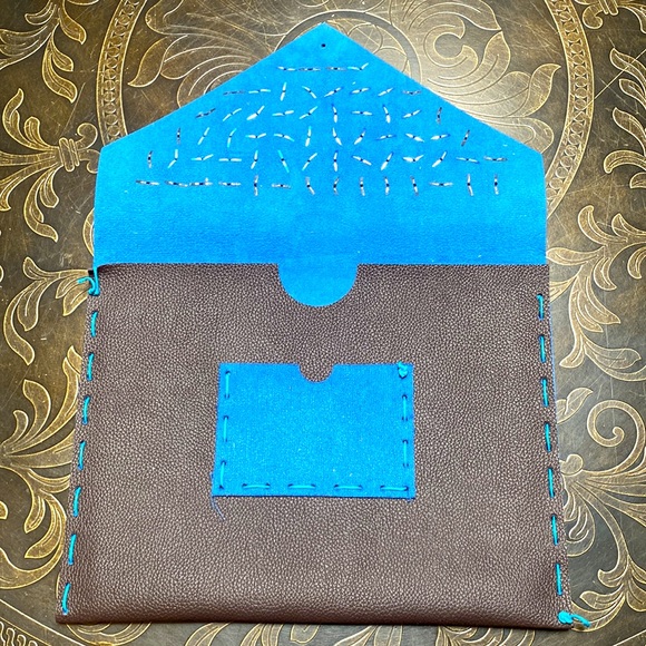 Embellished Handmade Leather Sketch Book Handbag Blue & Brown - Picture 6 of 10